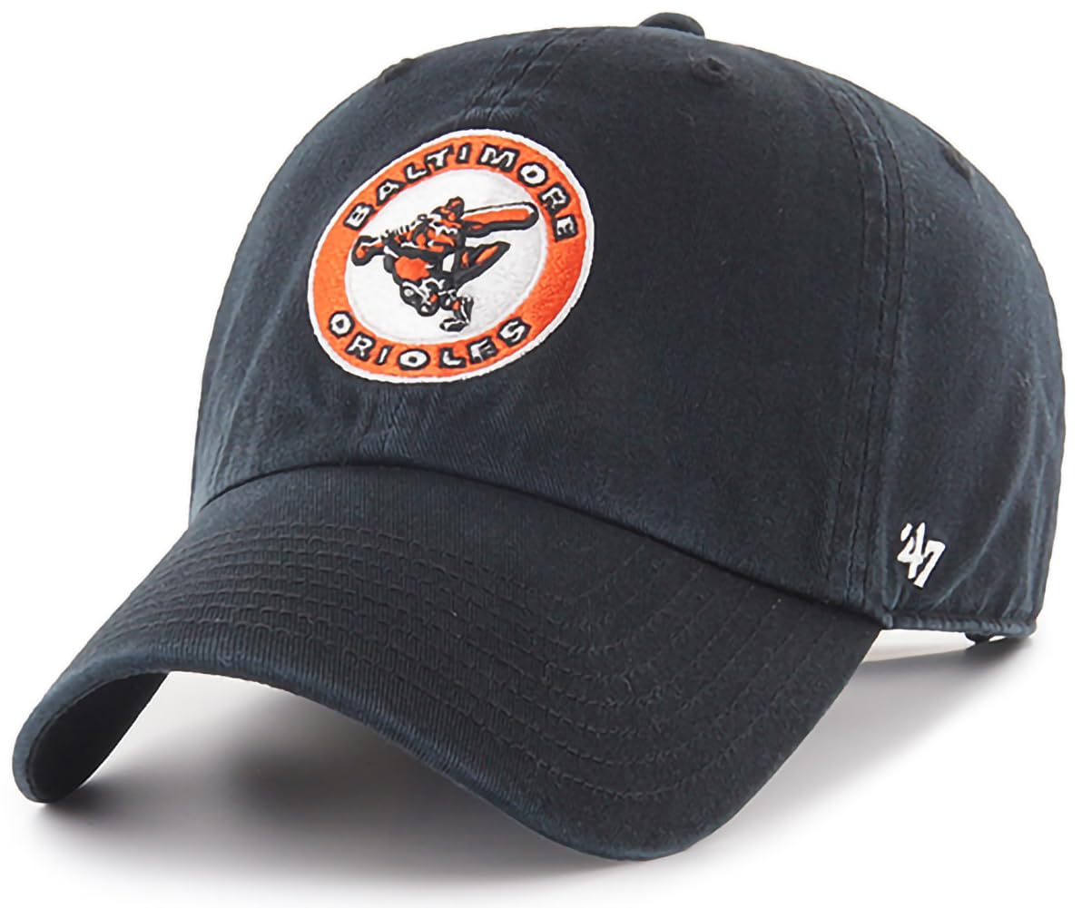 '47 MLB Alternate Cooperstown Primary Logo Clean Up Adjustable Hat Cap, Adult One Size - Baltimore Orioles - Black - Caps Fitted