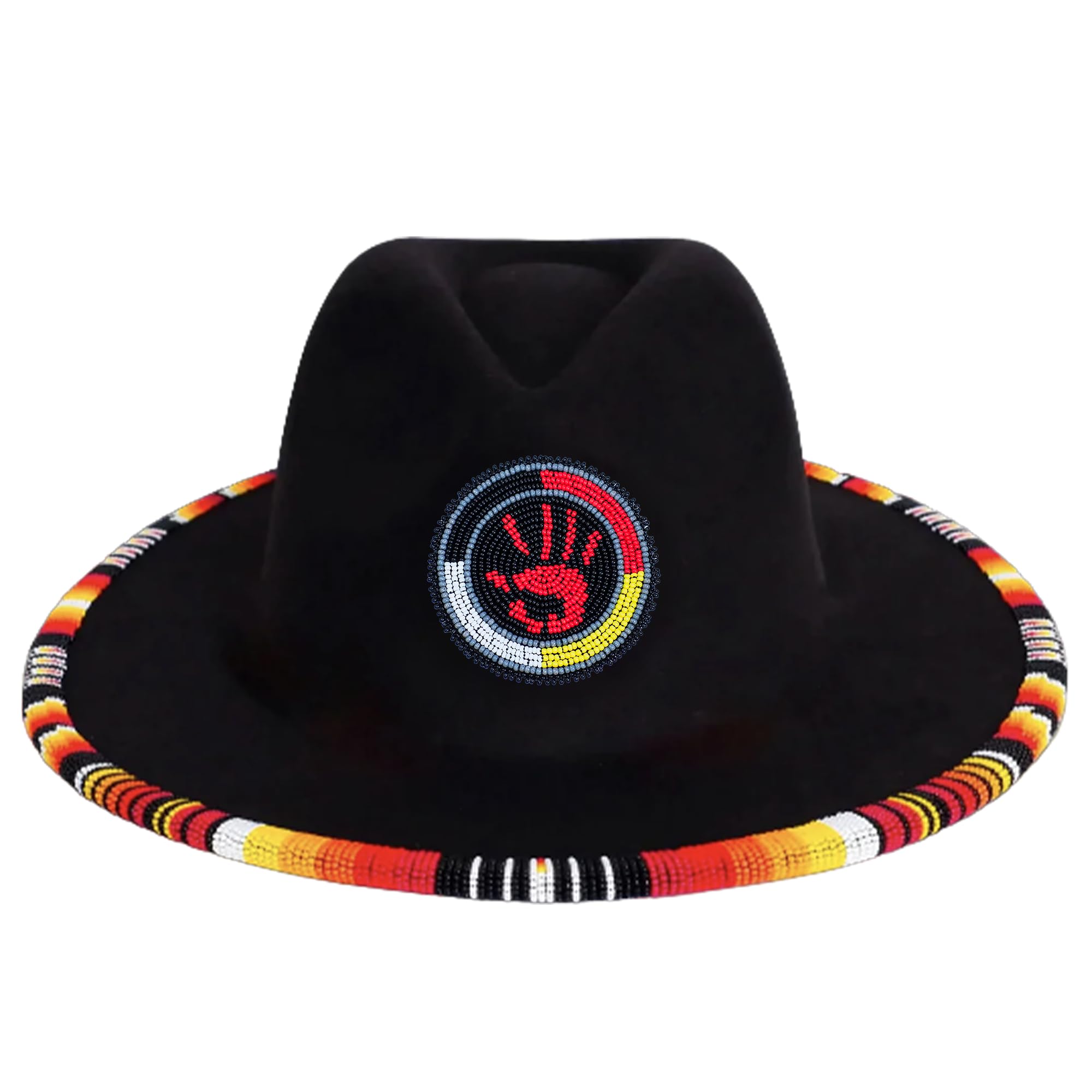 Naco Beaded Fedora Hats for Men Women Beaded Brim with Native American Style (MMIW Handprint Beaded) - Caps Fitted Caps Fitted Naco Beaded