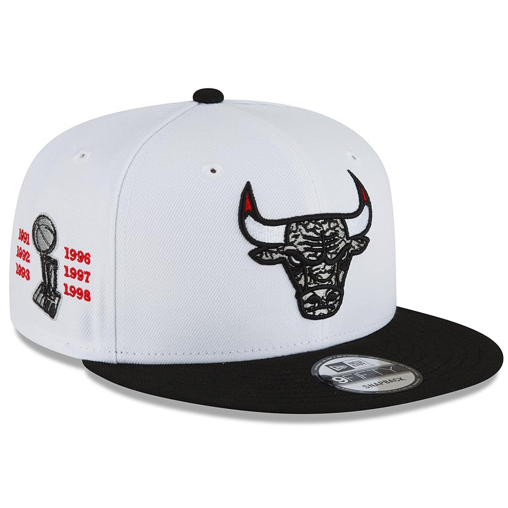 New Era Chicago Bulls 9FIFTY 6X NBA Finals Champions Retro Hook Elephant Print Snapback Cap, Adjustable Hat White Black - Caps Fitted Caps Fitted New Era