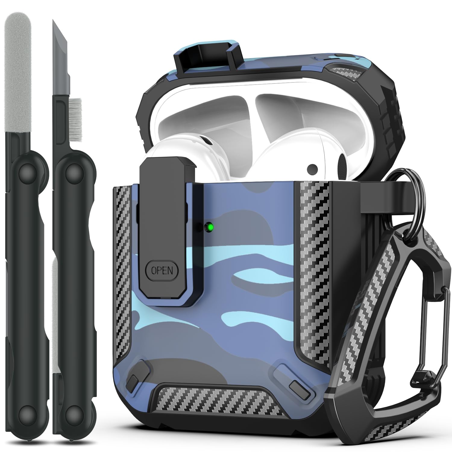 RFUNGUANGO AirPods 2nd Generation Case Cover with Cleaner Kit, Military Hard Shell Protective Armor with Lock for AirPod Gen 1&2 Charging Case, Front LED Visible,Blue Camouflage - Caps Fitted
