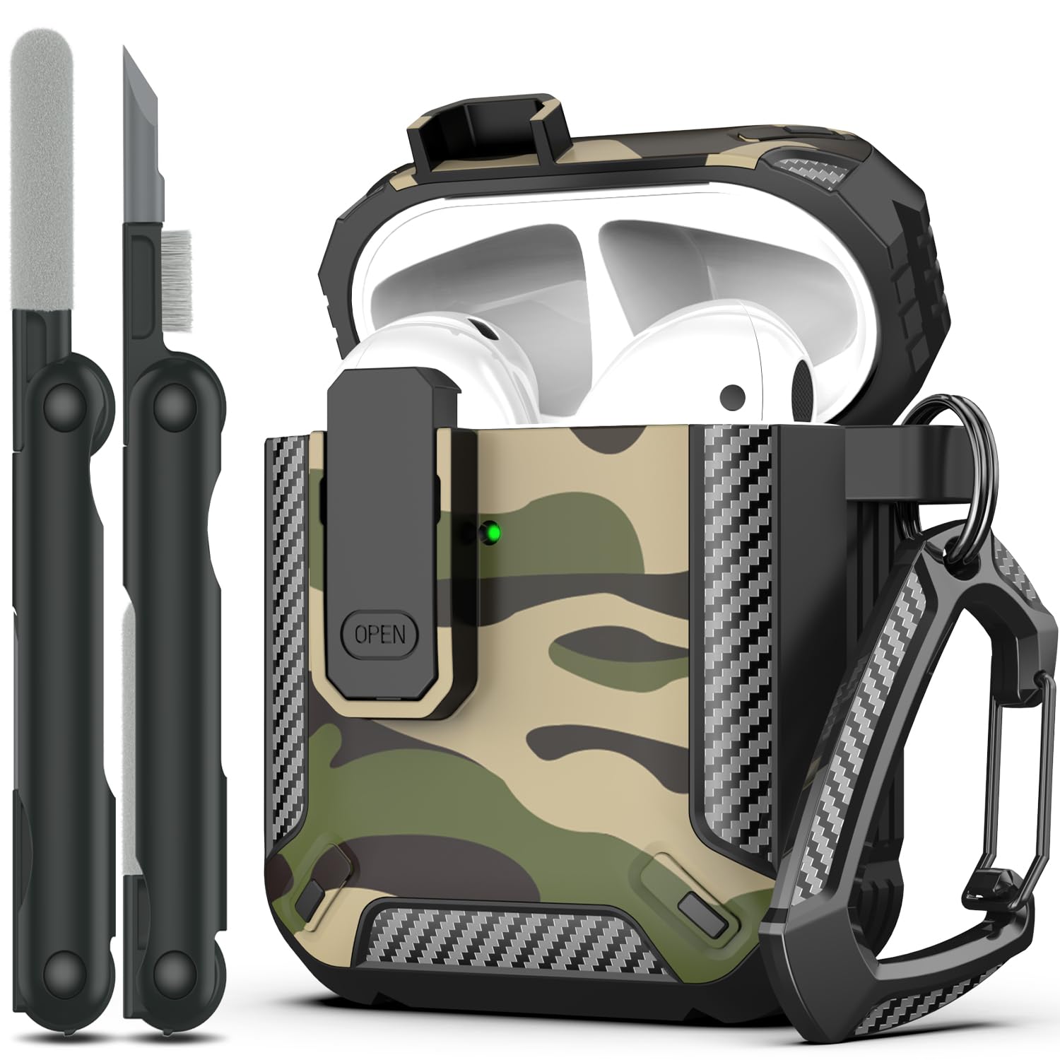RFUNGUANGO AirPods 2nd Generation Case Cover with Cleaner Kit, Military Hard Shell Protective Armor with Lock for AirPod Gen 1&2 Charging Case, Front LED Visible,Black Camouflage - Caps Fitted