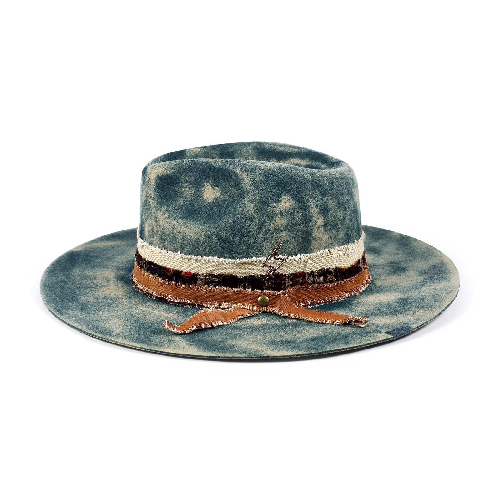 RUEDIGER Wide Brim Fedora Hats for Men Women 100% Wool Felt Panama Rancher Hat with Lightning Logo Distressed/Burned Handmade Navy - Caps Fitted Caps Fitted RUEDIGER
