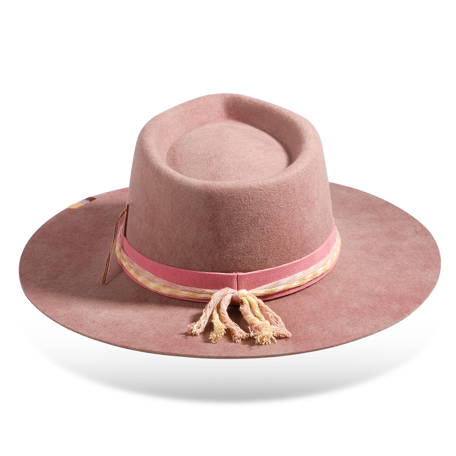 RUEDIGER Wide Brim Fedora Hats for Men Women 100% Wool Felt Panama Rancher Hat with Lightning Logo Distressed/Burned Handmade Pink - Caps Fitted