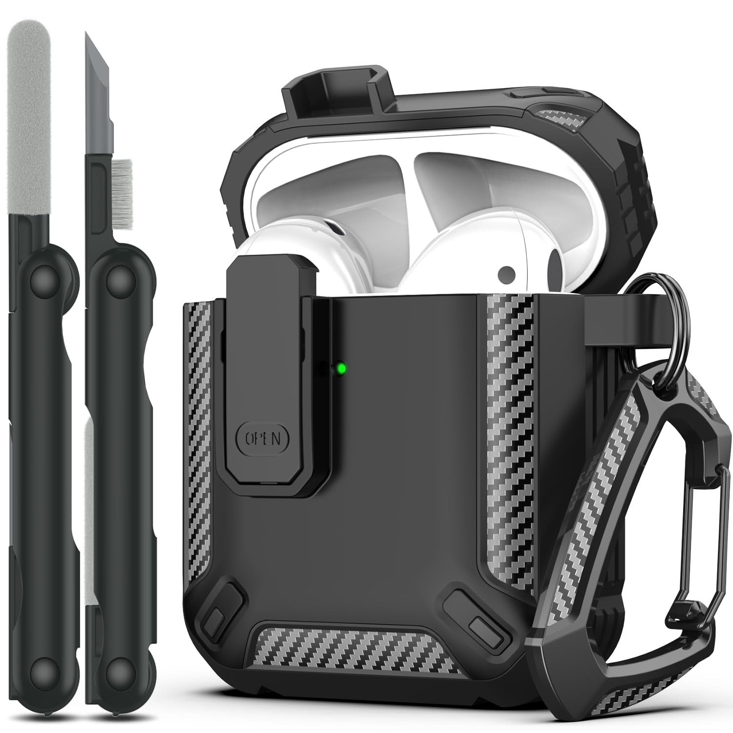 RFUNGUANGO AirPods 2nd Generation Case Cover with Cleaner Kit, Military Hard Shell Protective Armor with Lock for AirPod Gen 1&2 Charging Case, Front LED Visible,Black - Caps Fitted